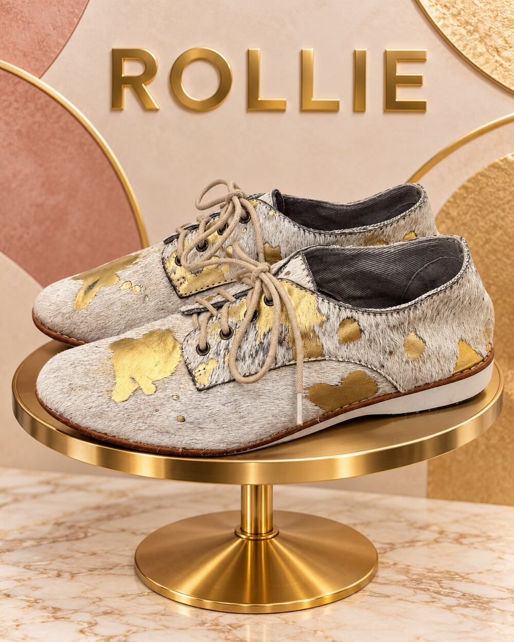 Rollie Derbys Gold White Calf Hair Leather Lace-Up Shoes Size 7 EU 38
